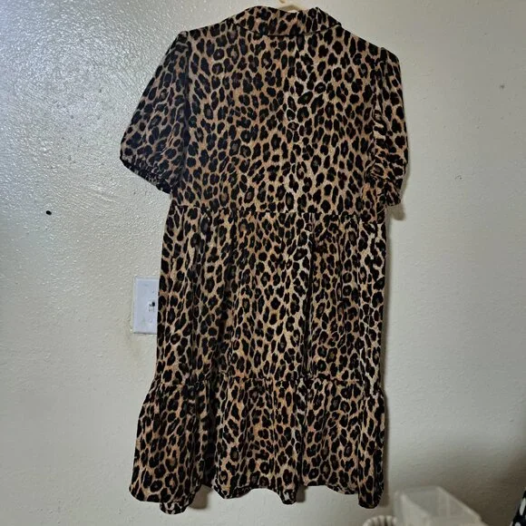 039) Shein Curve OXL Womens Leopard Baby Doll Dress Brown Animal Print Collared - Picture 2 of 3